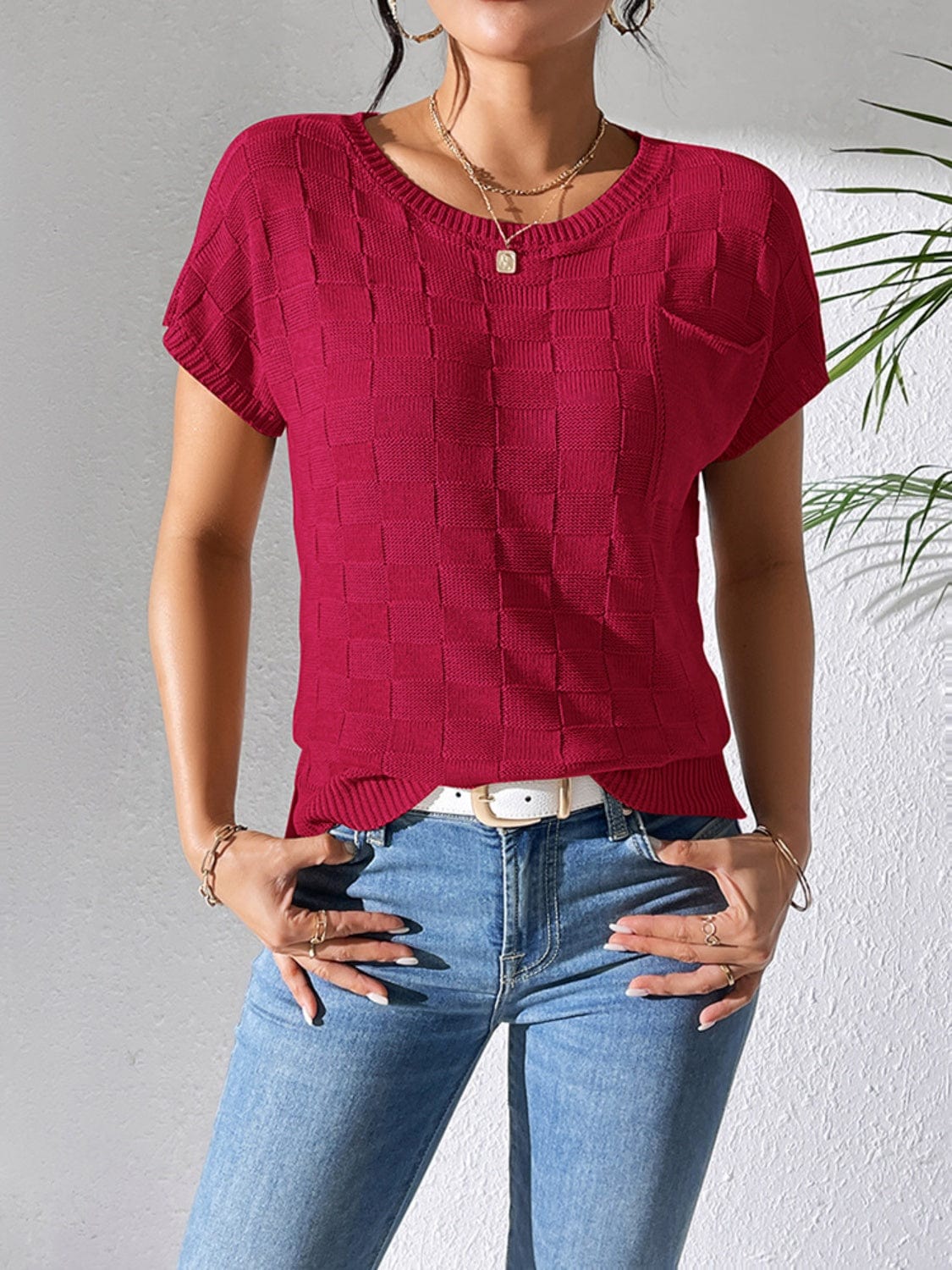 Trendsi Fall Burgundy / S Round Neck Short Sleeve Knit Top Round Neck Short Sleeve Knit Top