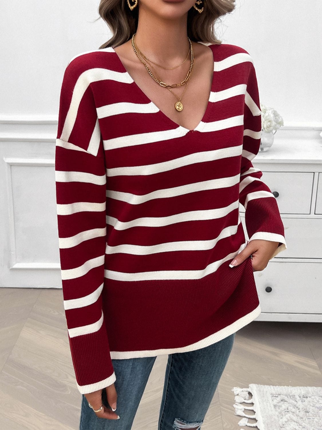 Trendsi Fall Burgundy / S Striped V-Neck Long Sleeve Knit Top Striped V-Neck Long Sleeve Knit Top