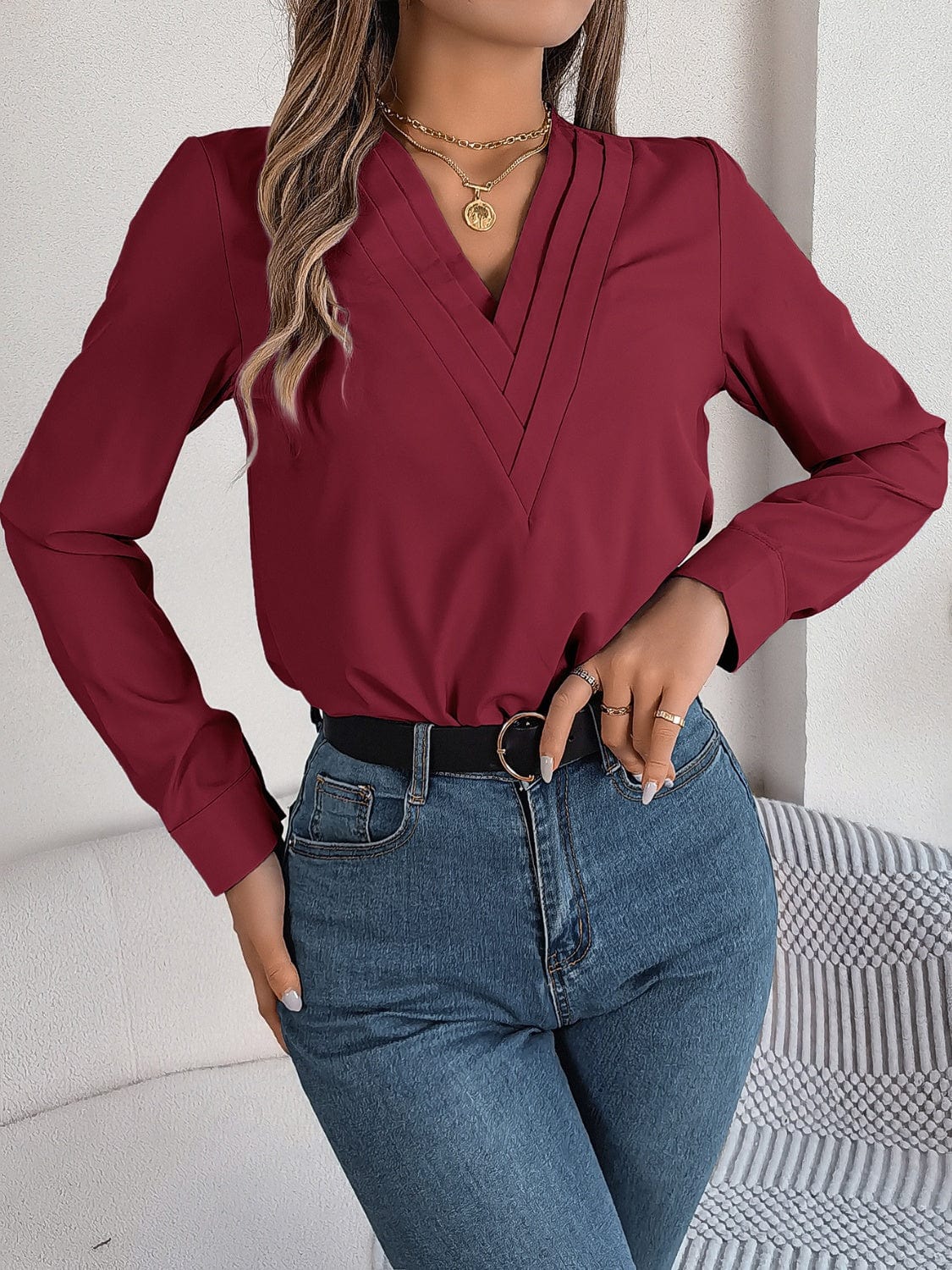 Trendsi Fall Burgundy / S V-Neck Long Sleeve Blouse V-Neck Long Sleeve Blouse