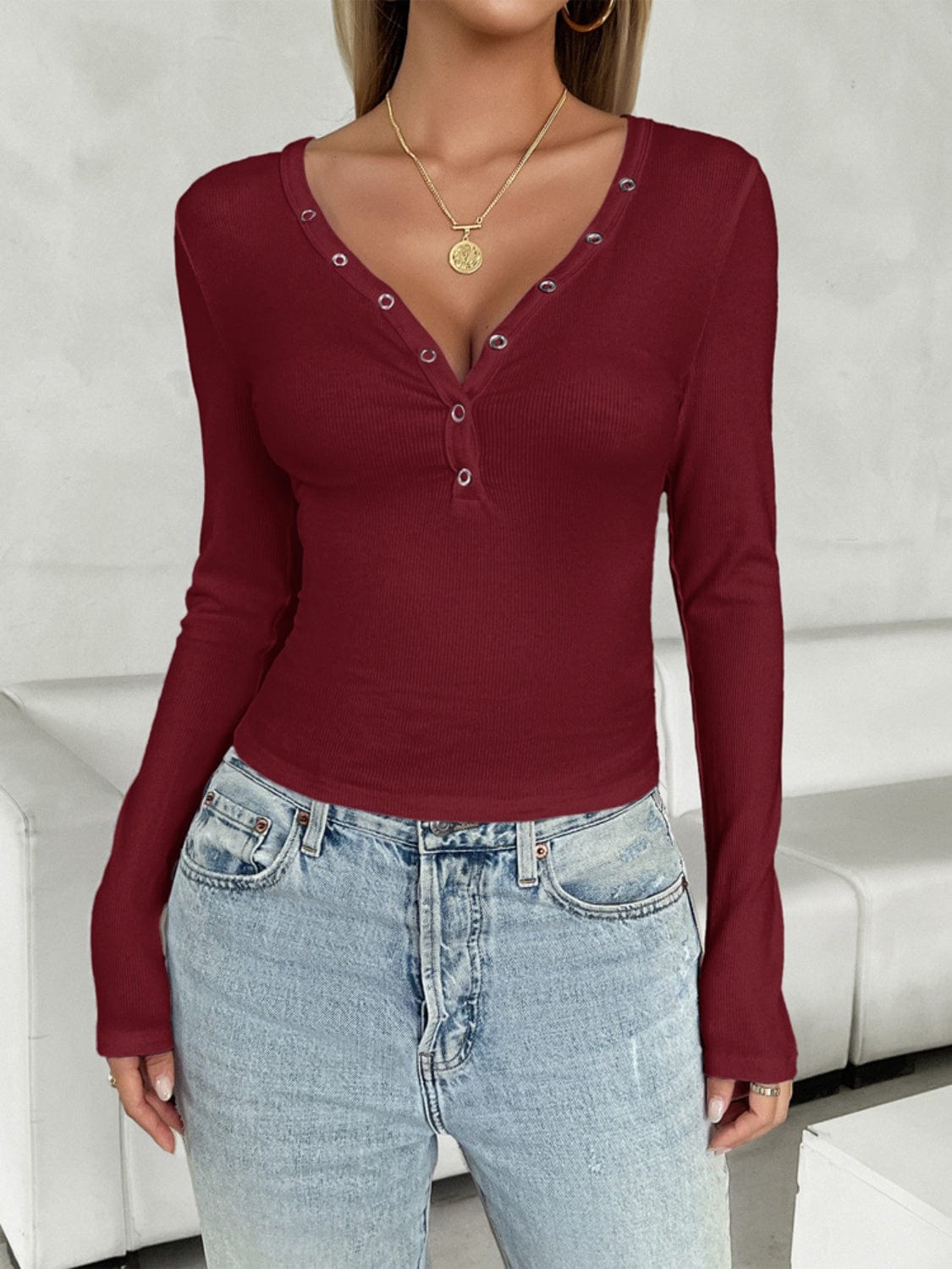 Trendsi Fall Burgundy / S V-Neck Long Sleeve T-Shirt V-Neck Long Sleeve T-Shirt