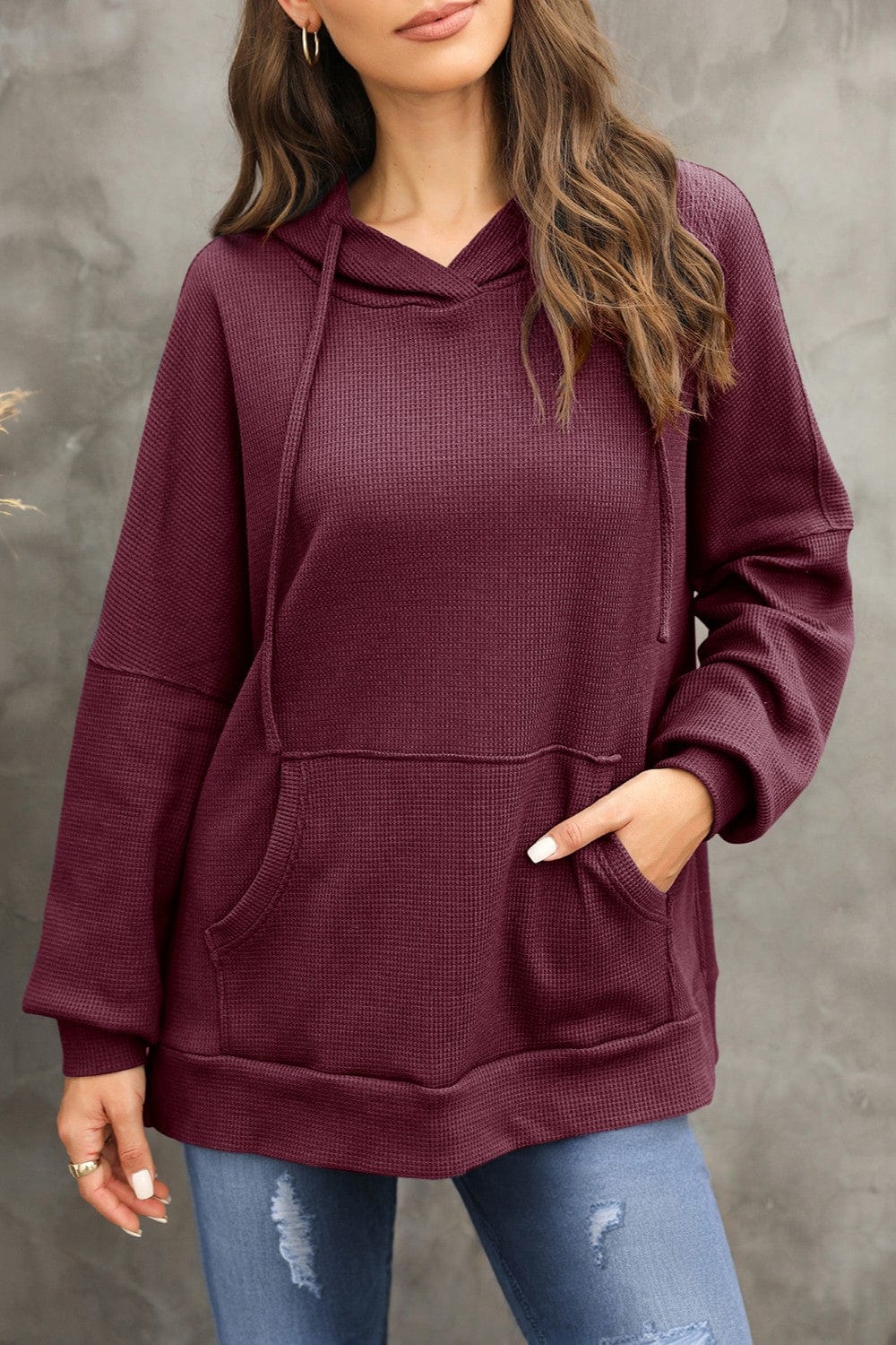 Trendsi Fall Burgundy / S Waffle-Knit Long Sleeve Hoodie Waffle-Knit Long Sleeve Hoodie