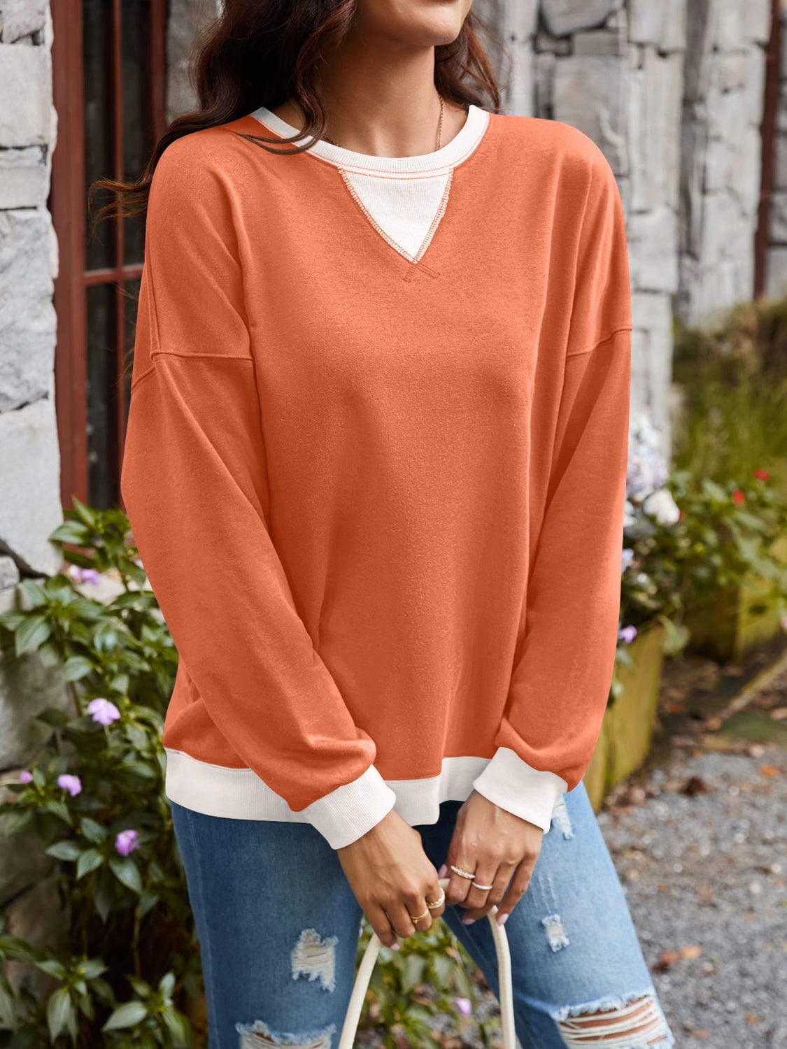 Trendsi Fall Burnt Coral / S Contrast Round Neck Long Sleeve Sweatshirt Contrast Round Neck Long Sleeve Sweatshirt
