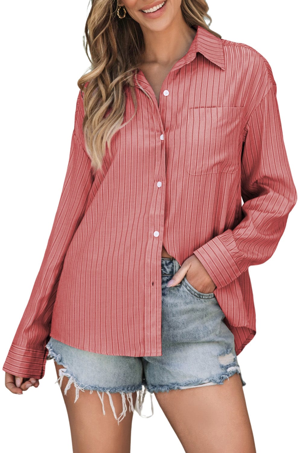 Trendsi Fall Burnt Coral / S Striped Button Up Long Sleeve Shirt Striped Button Up Long Sleeve Shirt