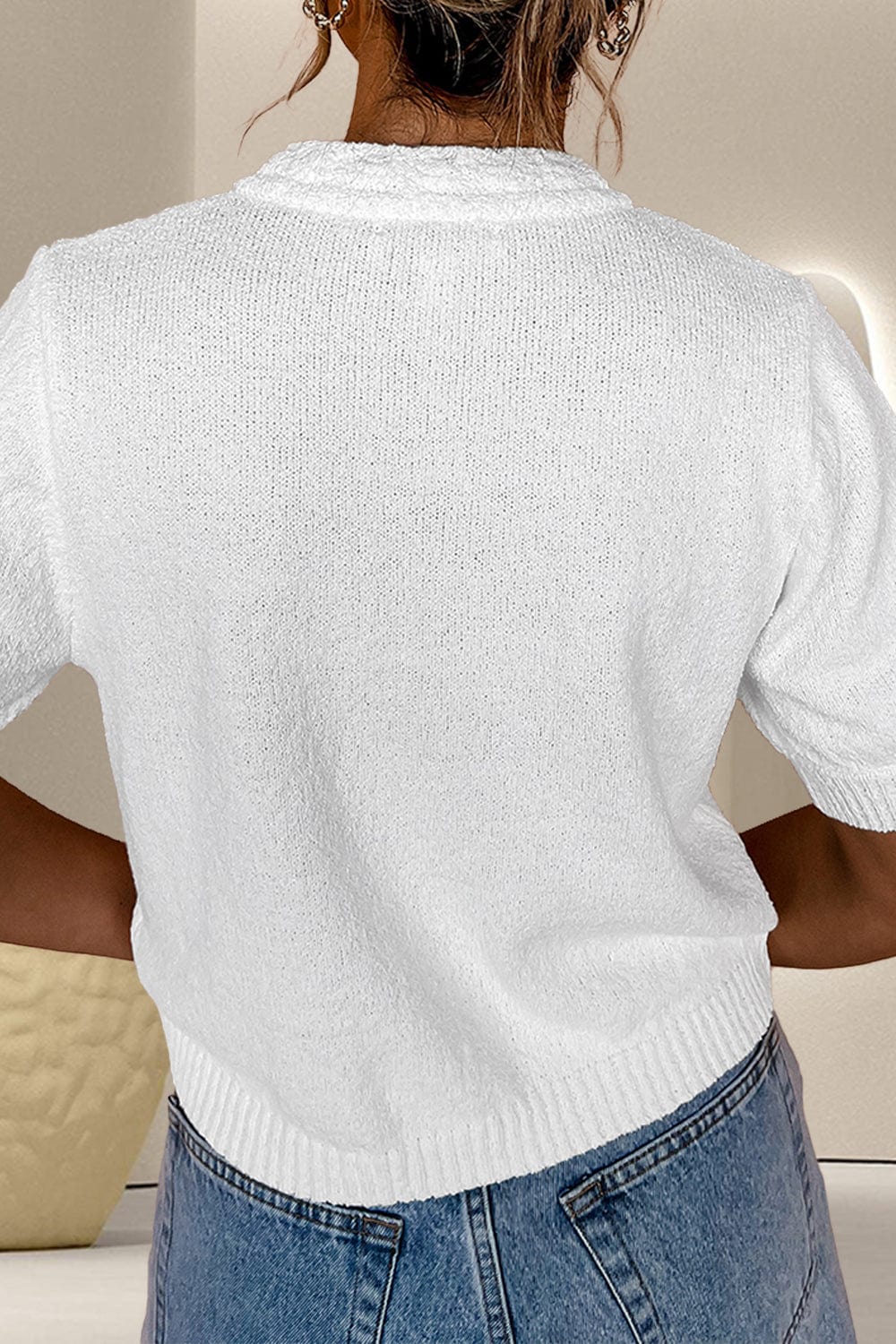 Trendsi Fall Button Up Round Neck Short Sleeve Knit Top Button Up Round Neck Short Sleeve Knit Top