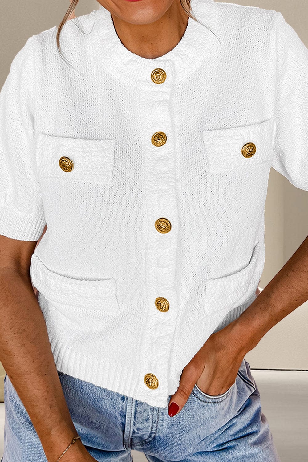 Trendsi Fall Button Up Round Neck Short Sleeve Knit Top Button Up Round Neck Short Sleeve Knit Top