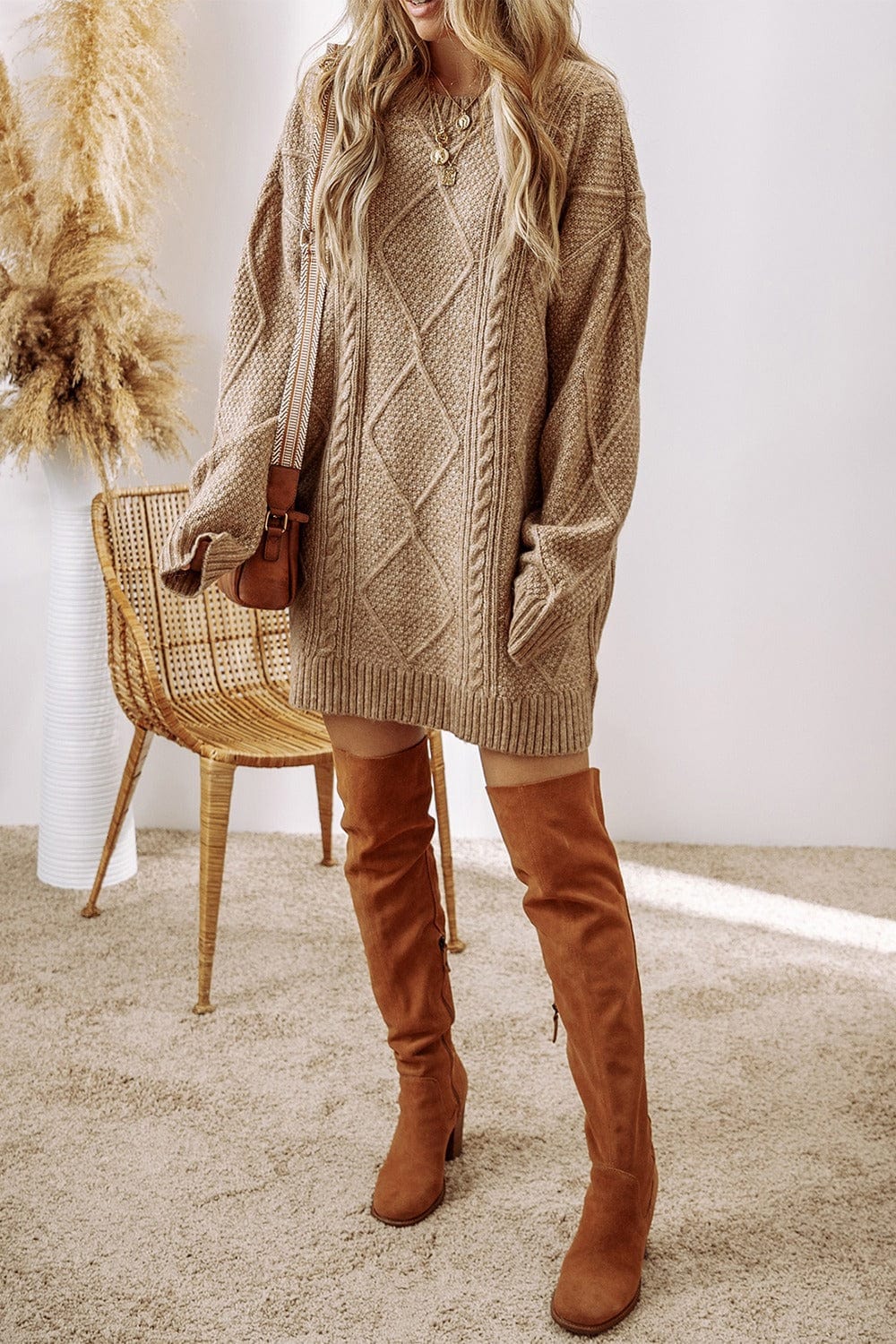 Trendsi Fall Cable-Knit Round Neck Sweater Dress Cable-Knit Round Neck Sweater Dress