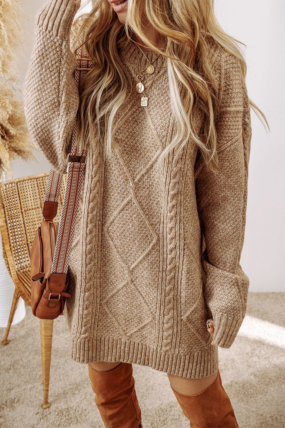 Trendsi Fall Cable-Knit Round Neck Sweater Dress Cable-Knit Round Neck Sweater Dress