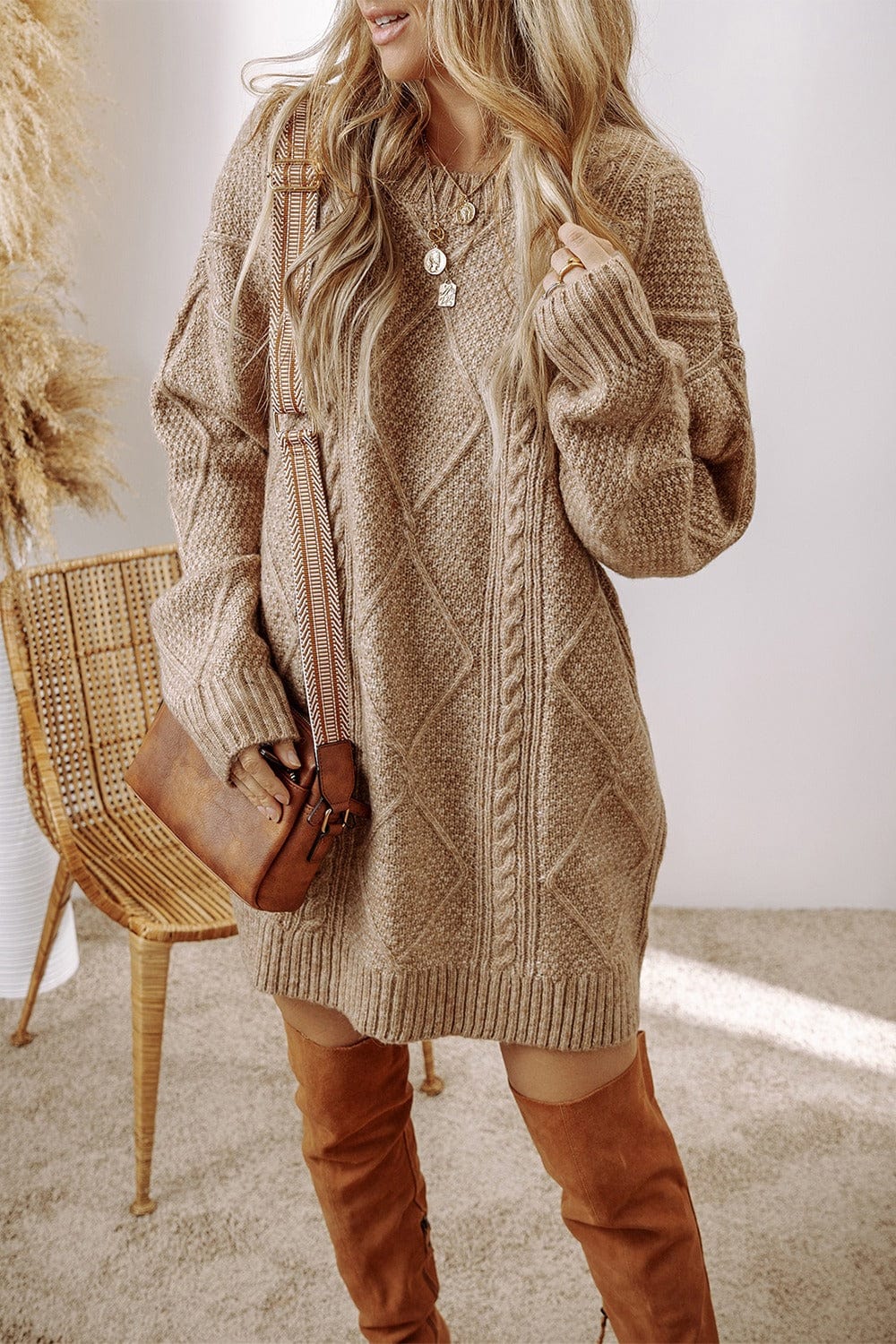 Trendsi Fall Cable-Knit Round Neck Sweater Dress Cable-Knit Round Neck Sweater Dress