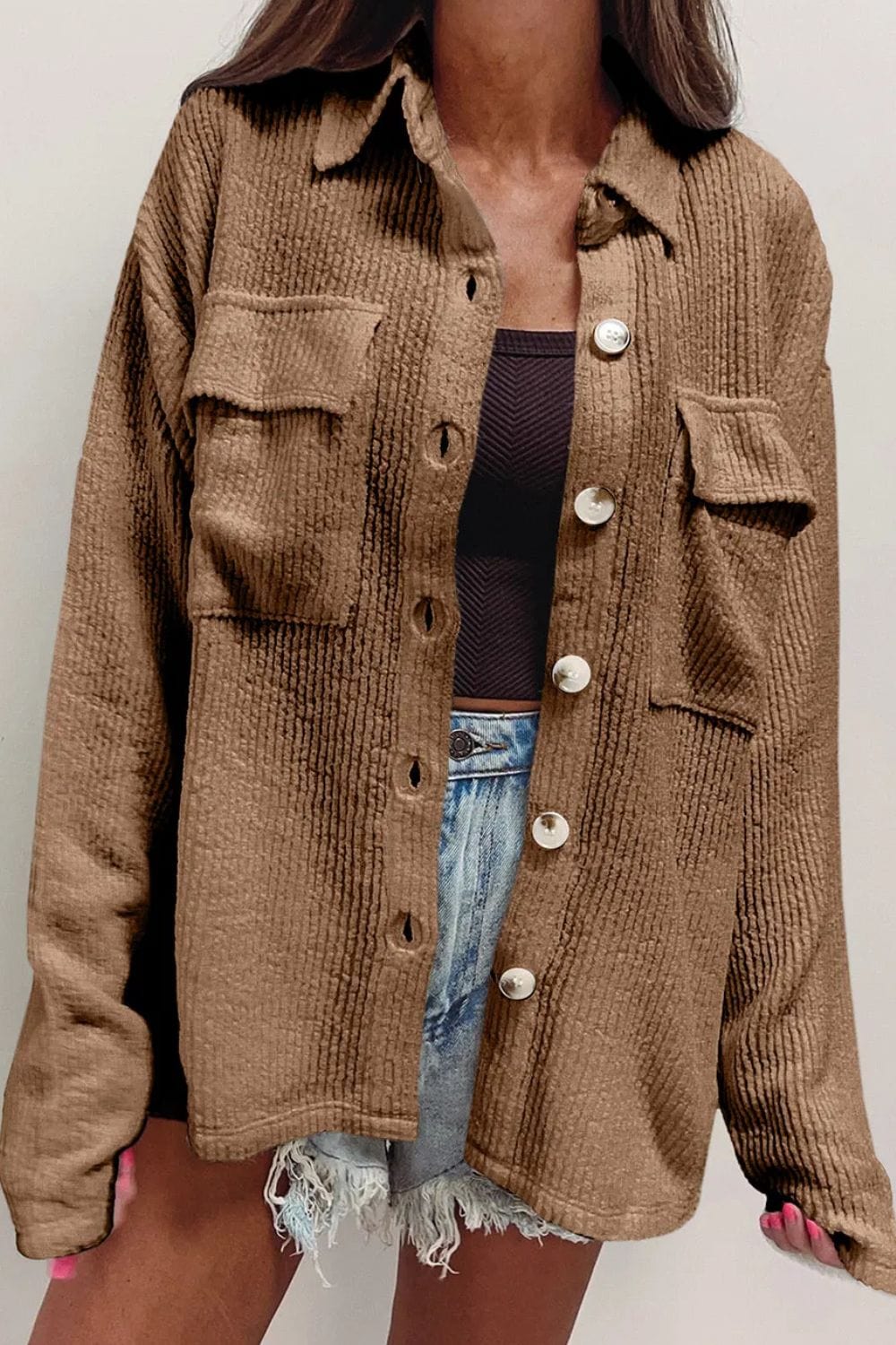 Trendsi Fall Camel / S Button Up Long Sleeve Shacket Button Up Long Sleeve Shacket