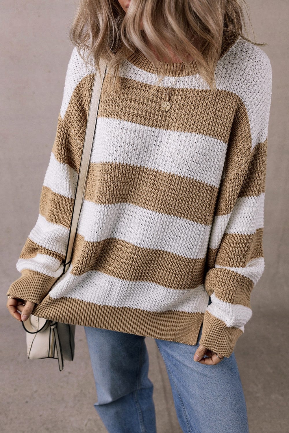 Trendsi Fall Camel / S Color Block Round Neck Sweater Color Block Round Neck Sweater
