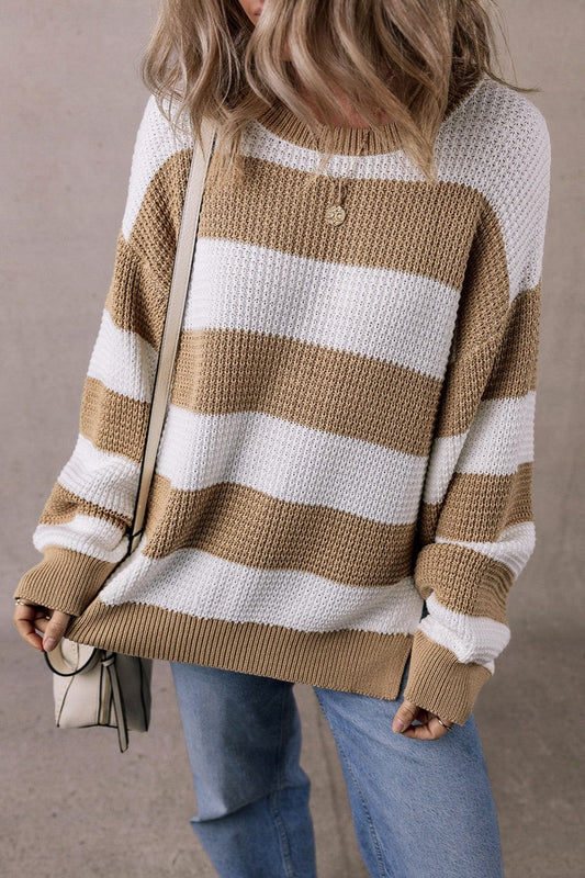 Trendsi Fall Camel / S Color Block Round Neck Sweater Color Block Round Neck Sweater