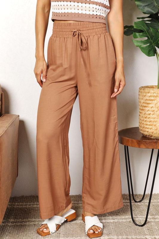 Trendsi Fall Camel / S Double Take Drawstring Smocked Waist Wide Leg Pants Double Take Drawstring Smocked Waist Wide Leg Pants