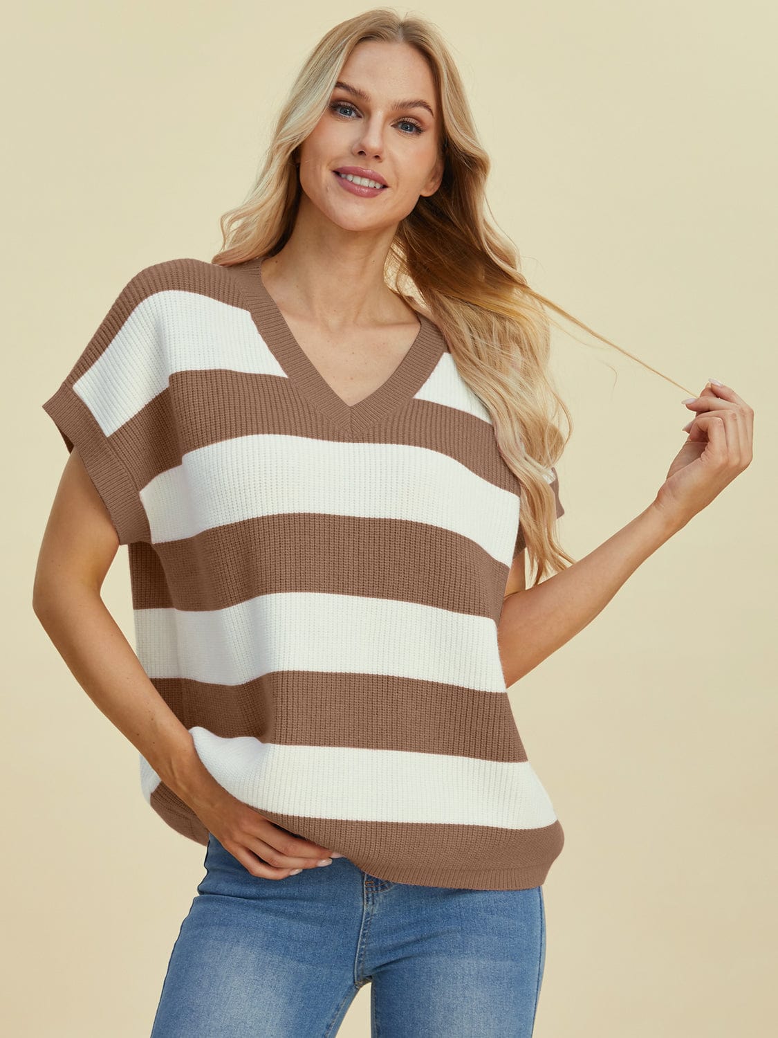 Trendsi Fall Camel / S Double Take Full Size Striped V-Neck Short Sleeve Sweater Double Take Full Size Striped V-Neck Short Sleeve Sweater