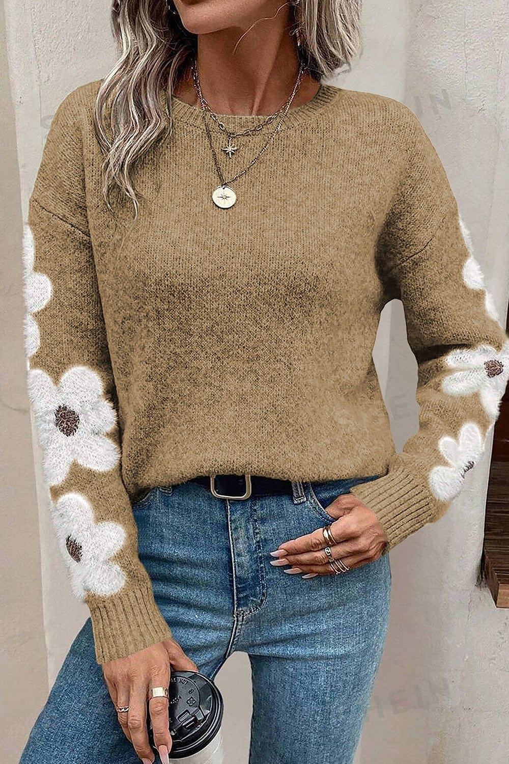 Trendsi Fall Camel / S Flower Round Neck Long Sleeve Sweater Flower Round Neck Long Sleeve Sweater