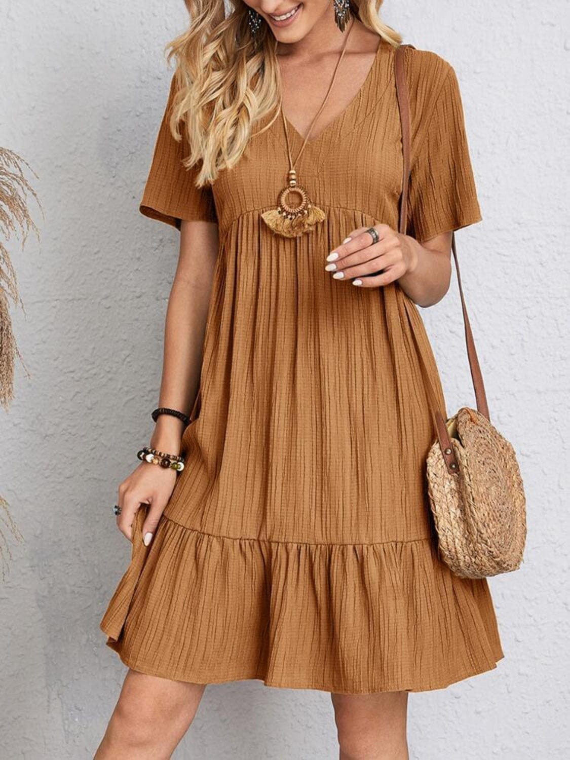 Trendsi Fall Camel / S Full Size V-Neck Short Sleeve Dress Full Size V-Neck Short Sleeve Dress