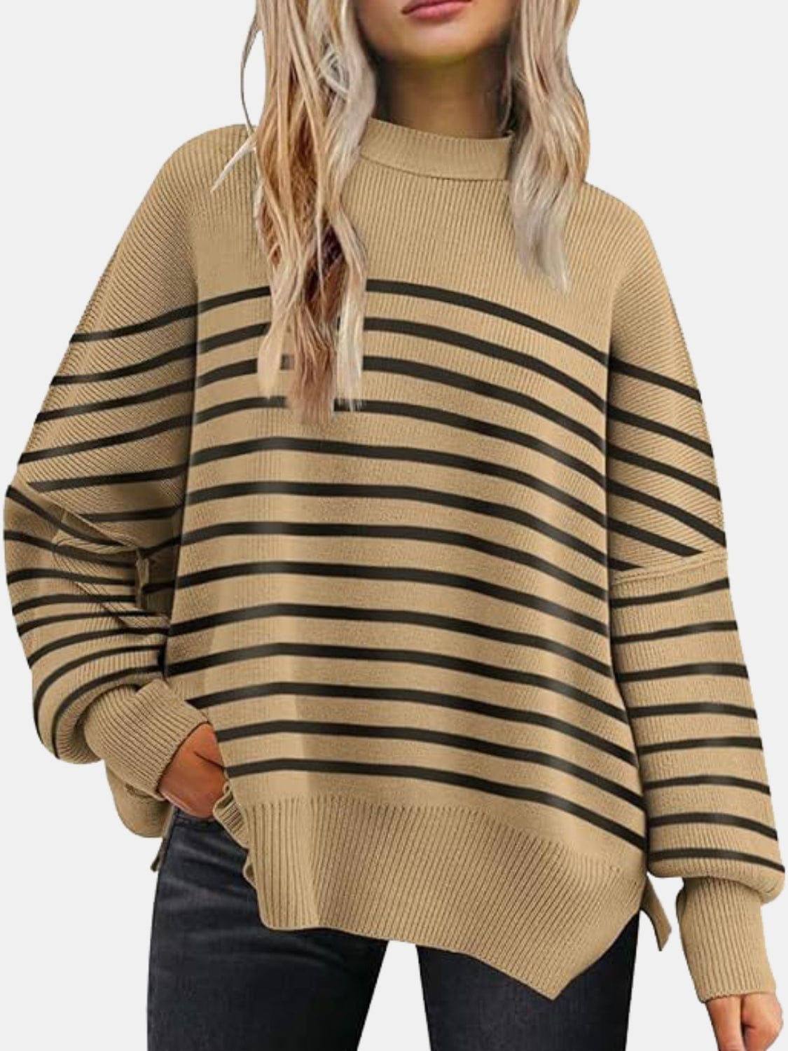 Trendsi Fall Camel / S Round Neck Drop Shoulder Slit Sweater Round Neck Drop Shoulder Slit Sweater