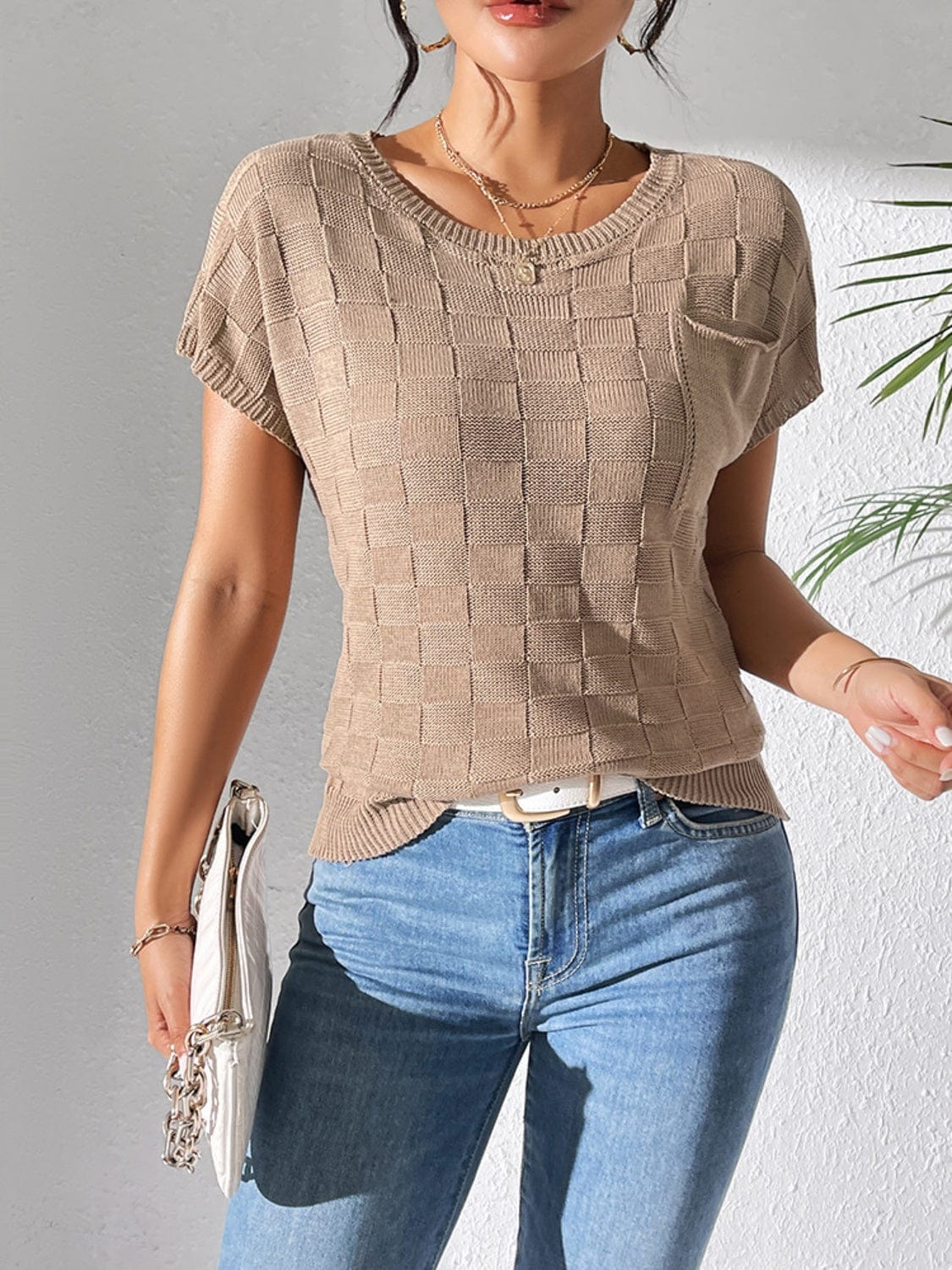 Trendsi Fall Camel / S Round Neck Short Sleeve Knit Top Round Neck Short Sleeve Knit Top