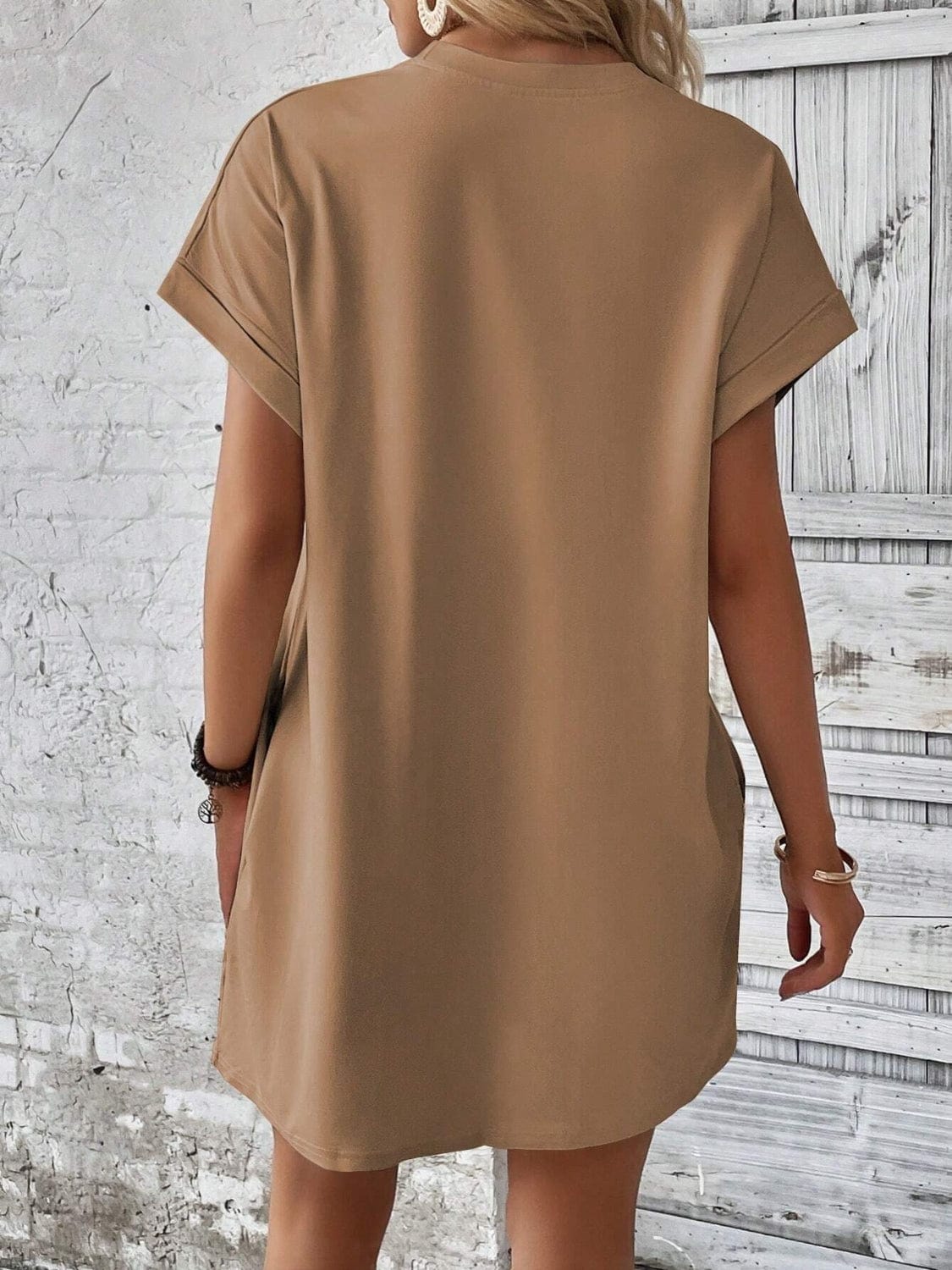 Trendsi Fall Camel / S Round Neck Short Sleeve Mini Dress Round Neck Short Sleeve Mini Dress