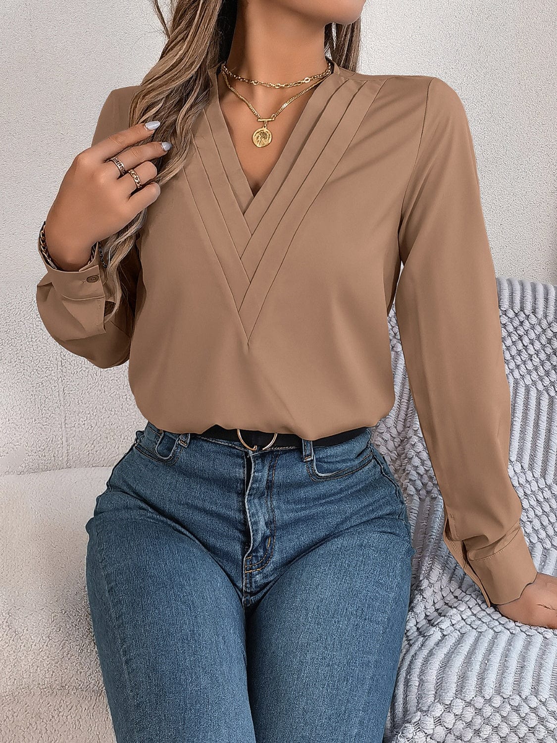 Trendsi Fall Camel / S V-Neck Long Sleeve Blouse V-Neck Long Sleeve Blouse
