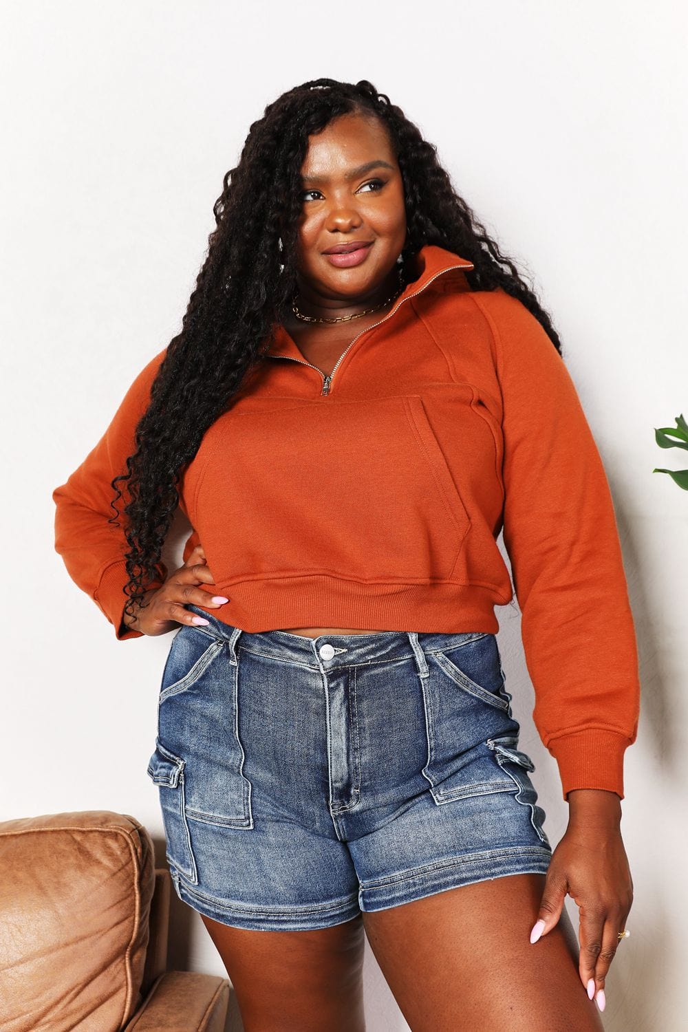 Trendsi Fall Caramel / S Double Take Half-Zip Long Sleeve Hoodie Double Take Half-Zip Long Sleeve Hoodie