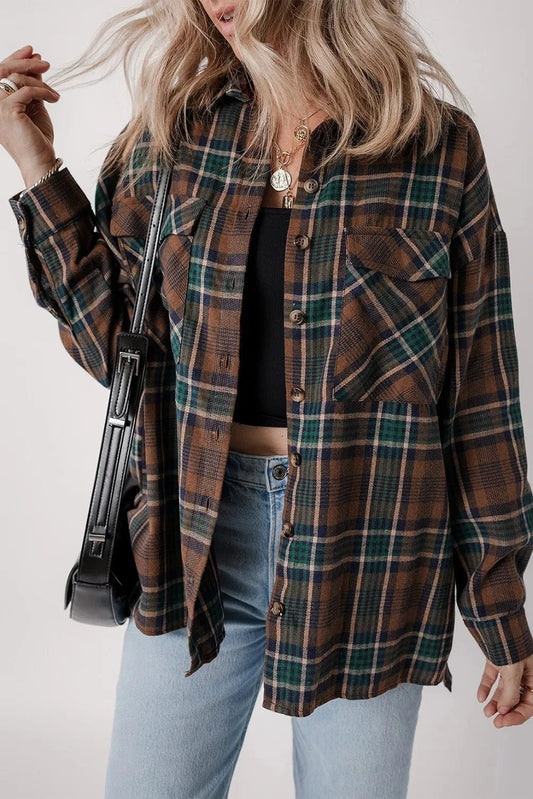 Trendsi Fall Caramel / S Plaid Button Up Long Sleeve Jacket Plaid Button Up Long Sleeve Jacket
