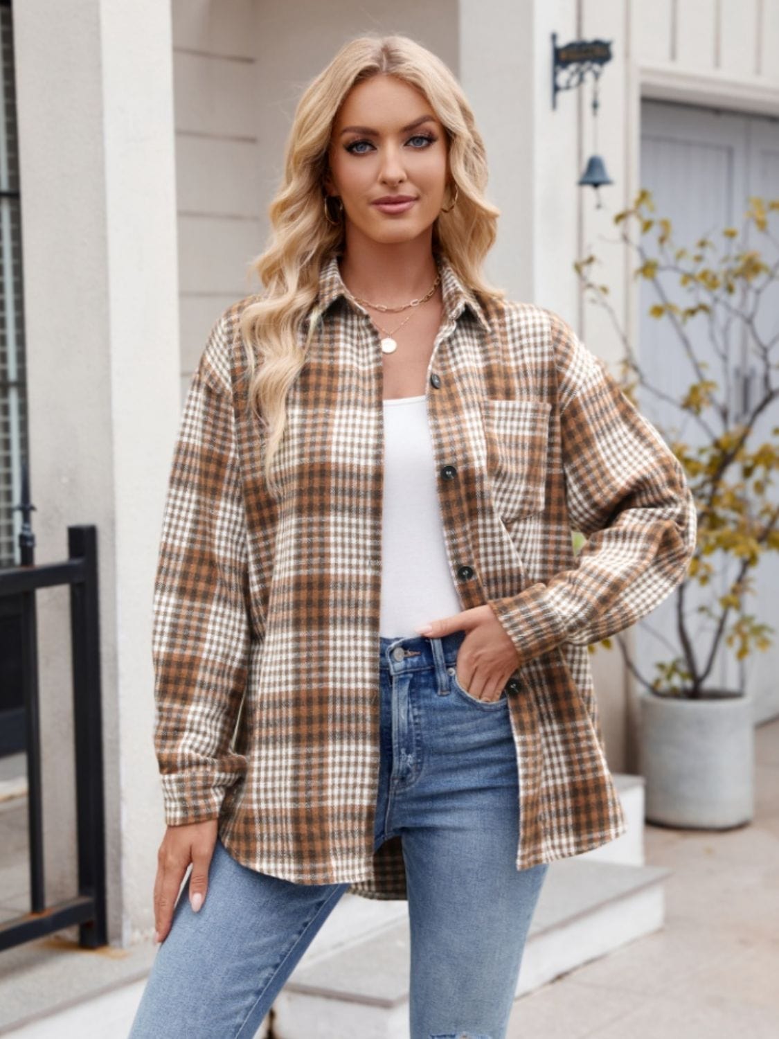 Trendsi Fall Caramel / S Pocketed Plaid Collared Neck Long Sleeve Shirt Pocketed Plaid Collared Neck Long Sleeve Shirt