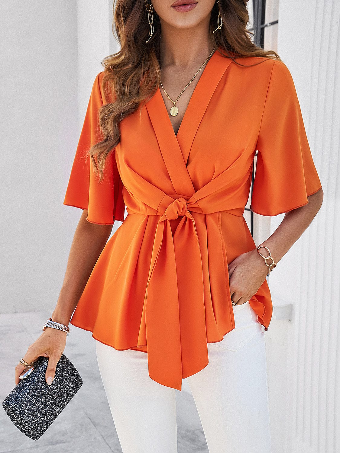 Trendsi Fall Caramel / S Surplice Tie Waist Half Sleeve Blouse Surplice Tie Waist Half Sleeve Blouse
