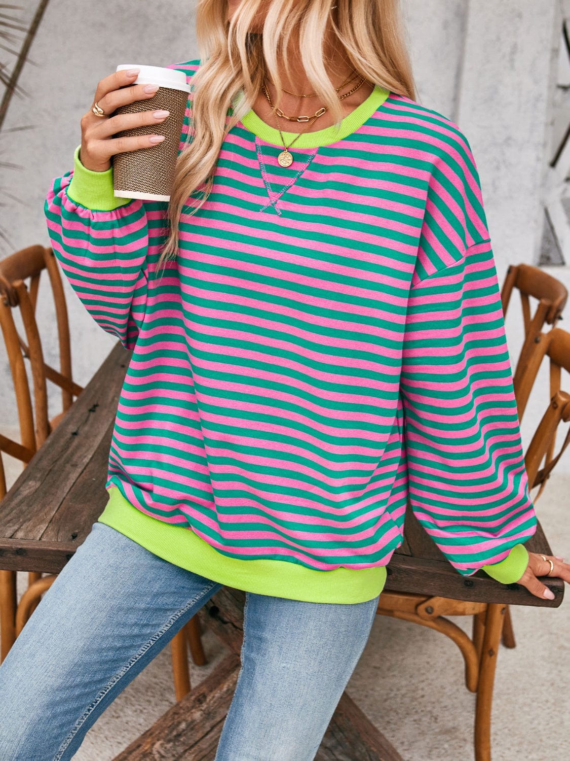Trendsi Fall Cerise / S Contrast Striped Long Sleeve Sweatshirt Contrast Striped Long Sleeve Sweatshirt