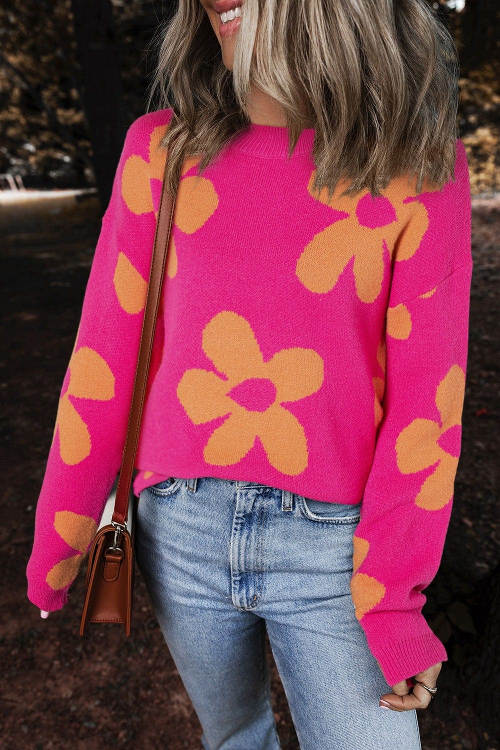 Trendsi Fall Cerise / S Flower Round Neck Long Sleeve Sweater Flower Round Neck Long Sleeve Sweater