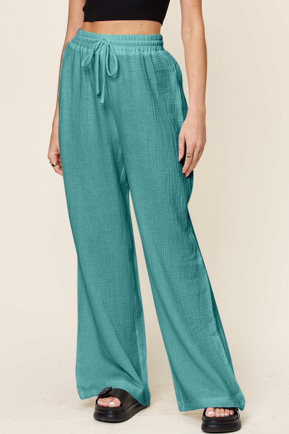 Trendsi Fall Cerulean / S Double Take Full Size Texture Drawstring Wide Leg Pants Double Take Full Size Texture Drawstring Wide Leg Pants