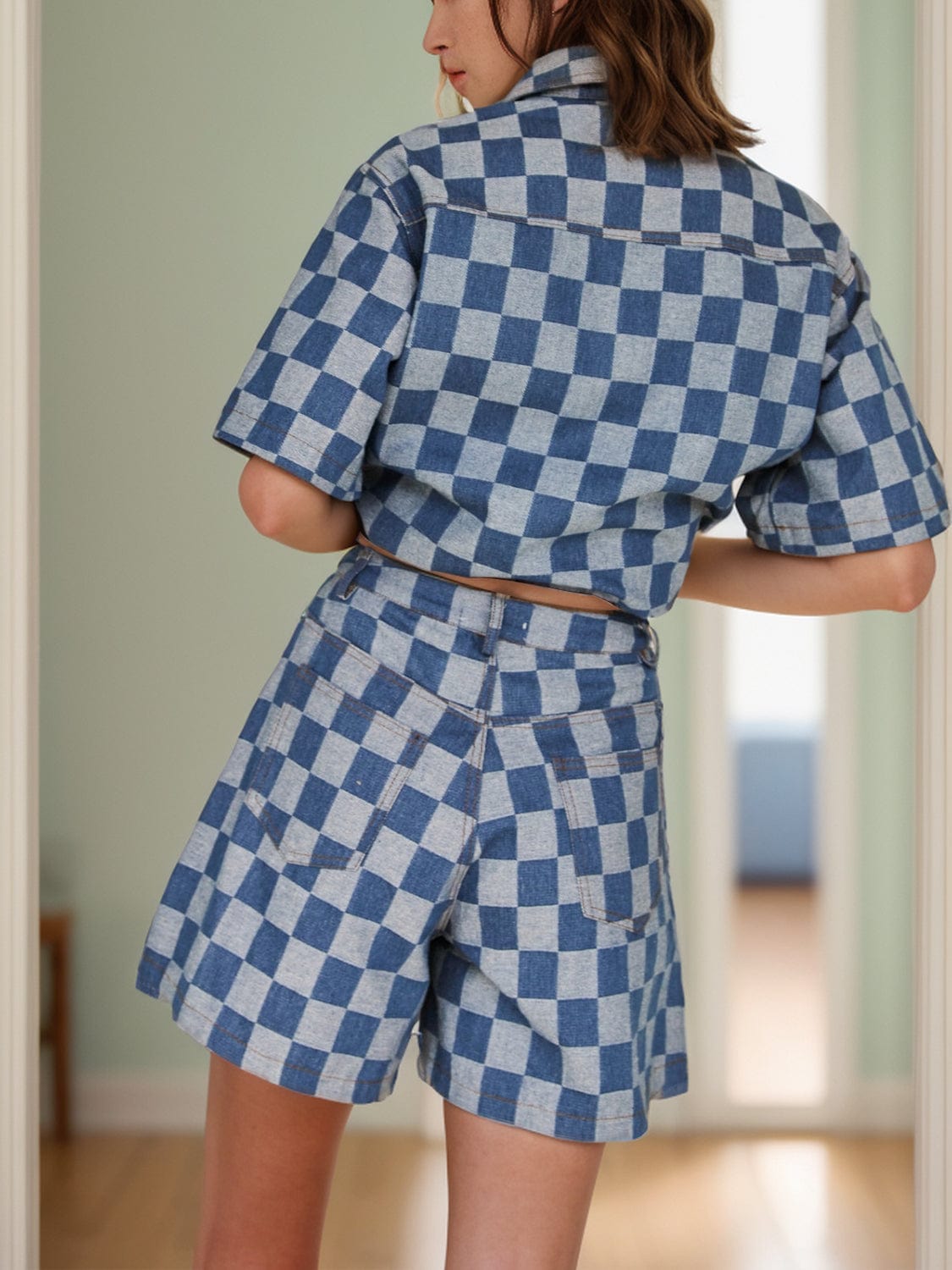 Trendsi Fall Checkered Button Up Half Sleeve Top and Shorts Set Checkered Button Up Half Sleeve Top and Shorts Set