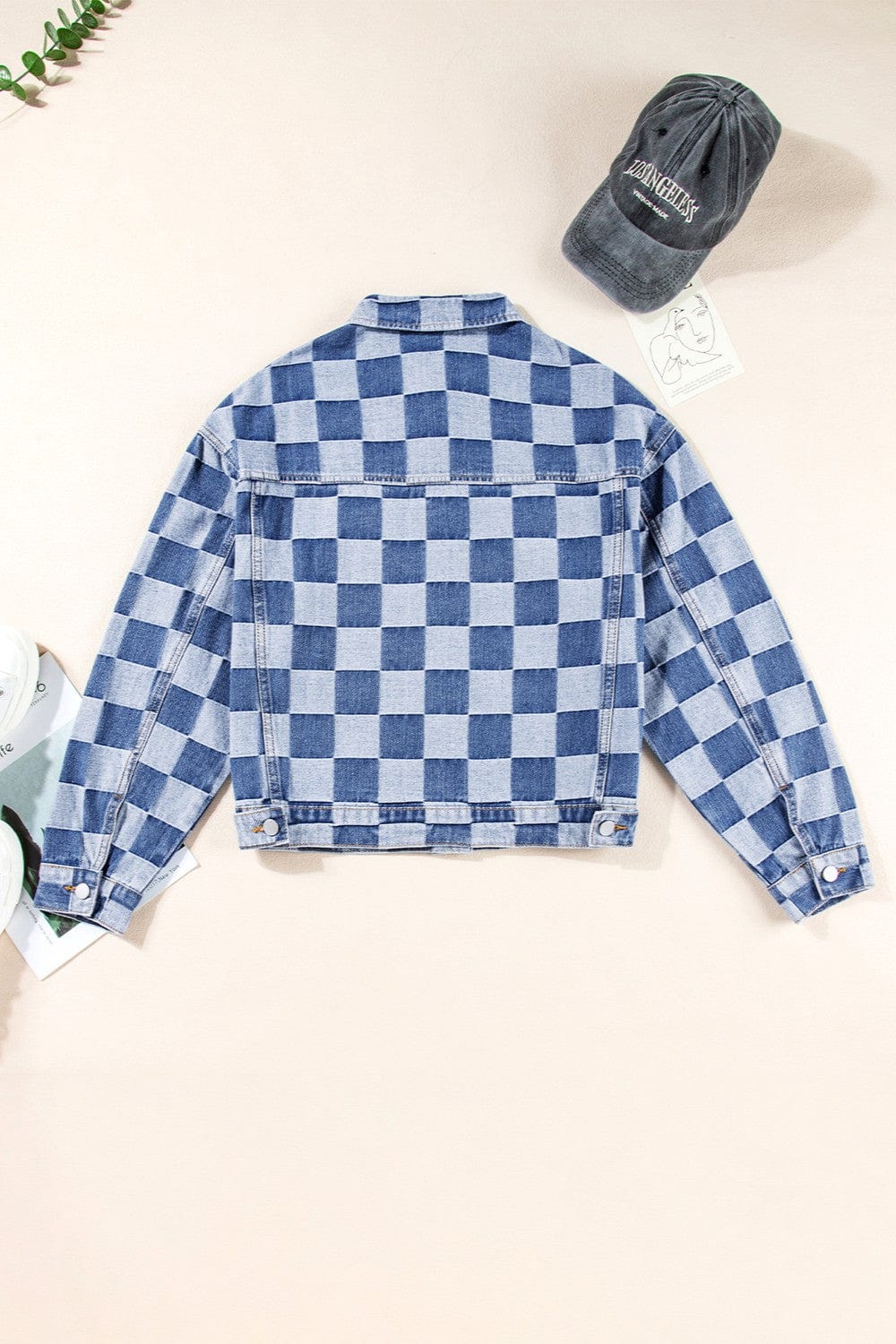 Trendsi Fall Checkered Button Up Long Sleeve Denim Jacket Checkered Button Up Long Sleeve Denim Jacket