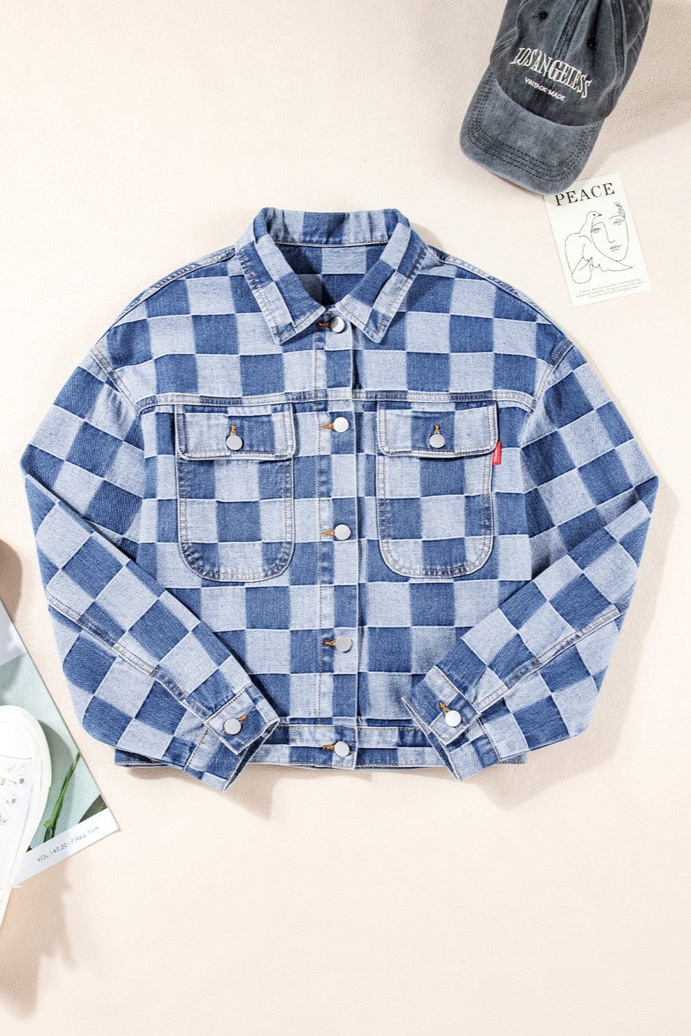 Trendsi Fall Checkered Button Up Long Sleeve Denim Jacket Checkered Button Up Long Sleeve Denim Jacket