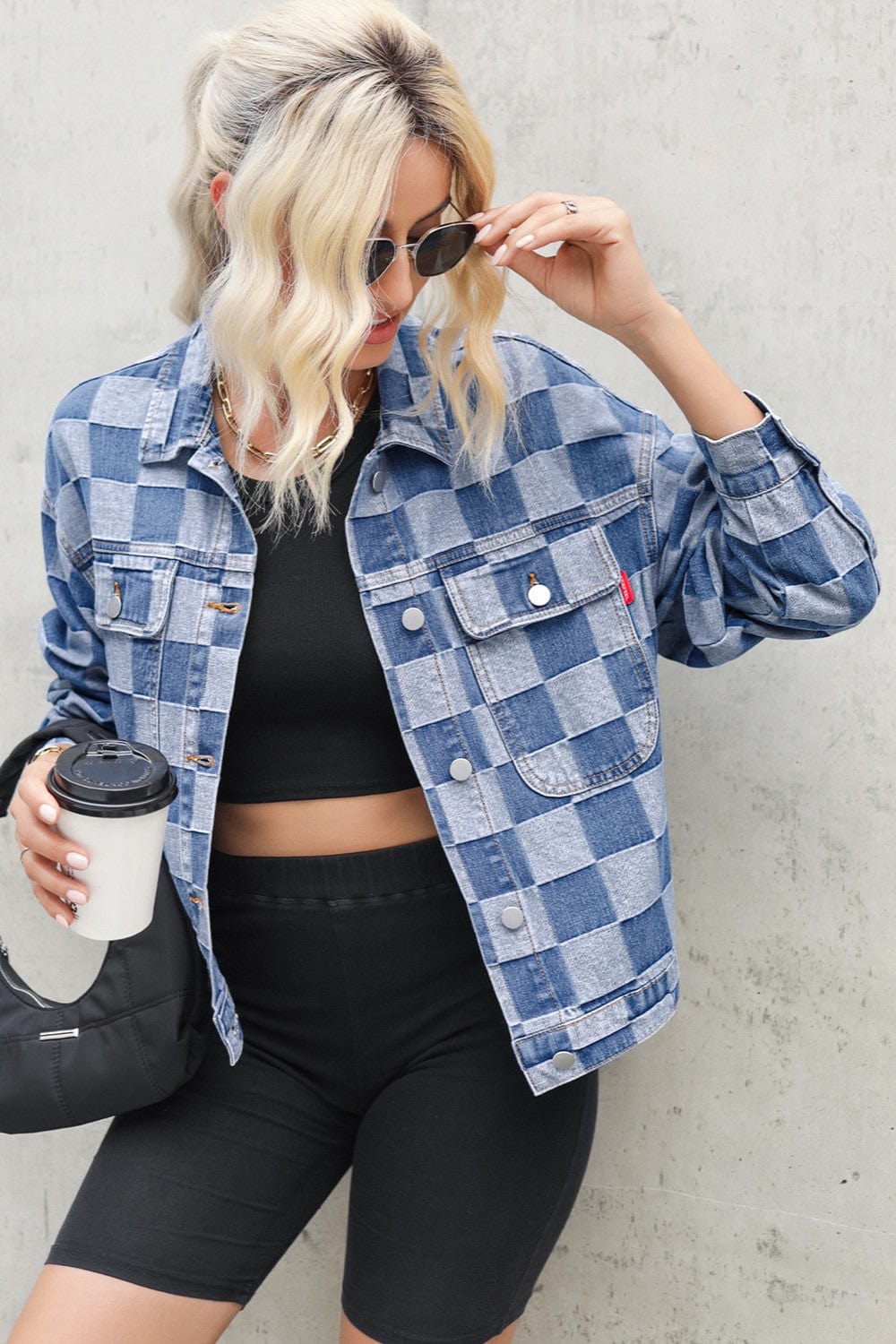 Trendsi Fall Checkered Button Up Long Sleeve Denim Jacket Checkered Button Up Long Sleeve Denim Jacket