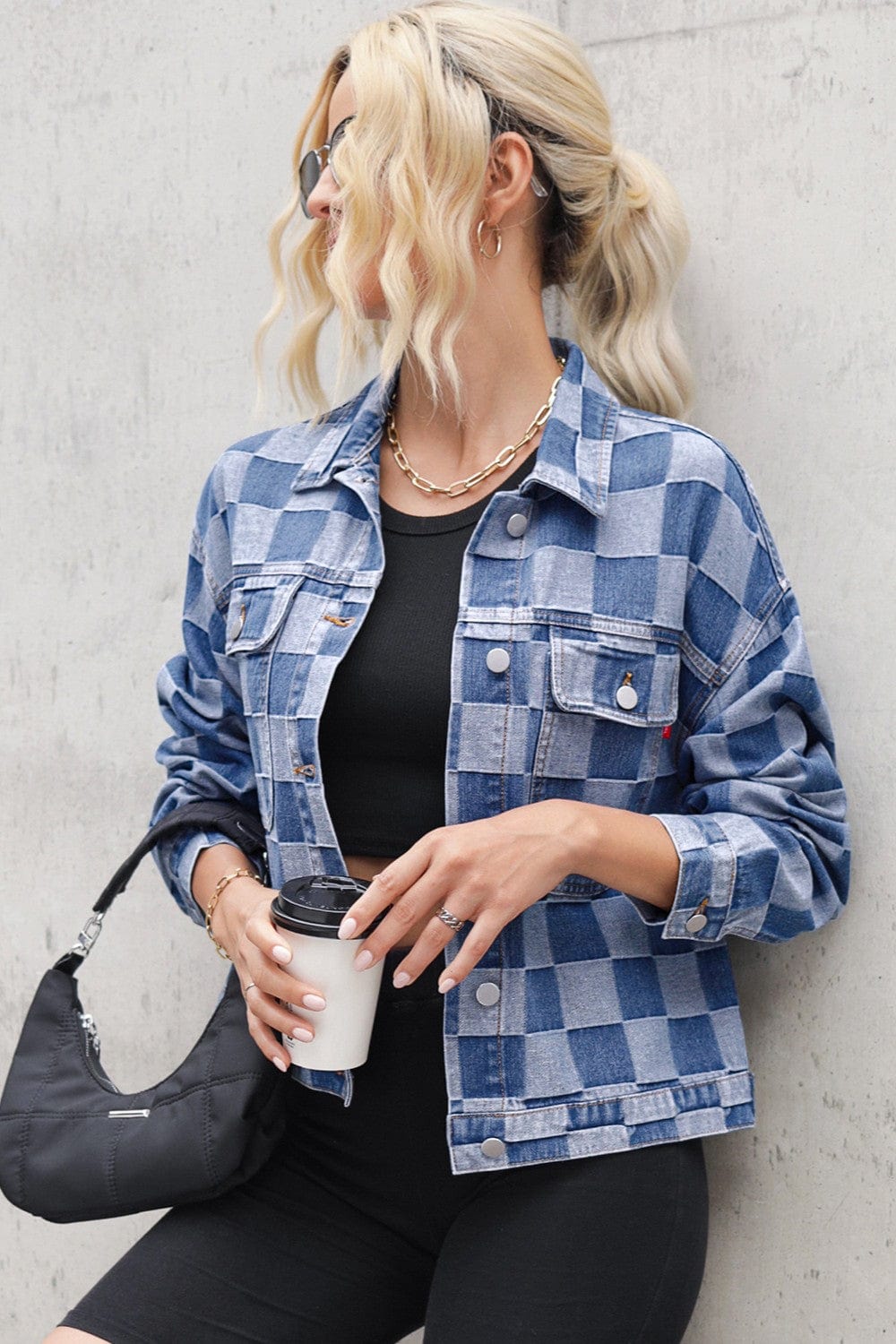 Trendsi Fall Checkered Button Up Long Sleeve Denim Jacket Checkered Button Up Long Sleeve Denim Jacket