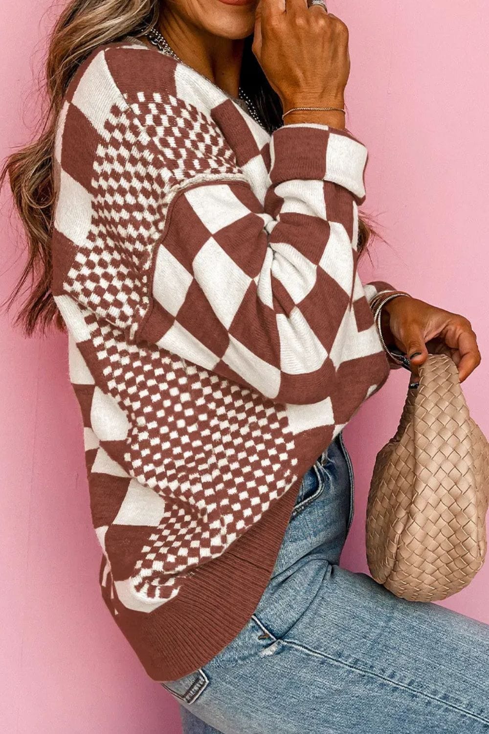 Trendsi Fall Checkered Round Neck Long Sleeve Sweater Checkered Round Neck Long Sleeve Sweater