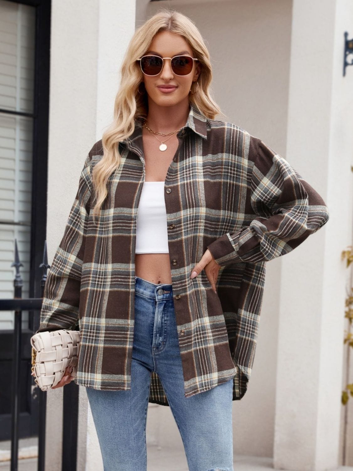 Trendsi Fall Chocolate / S Pocketed Plaid Collared Neck Long Sleeve Shirt Pocketed Plaid Collared Neck Long Sleeve Shirt