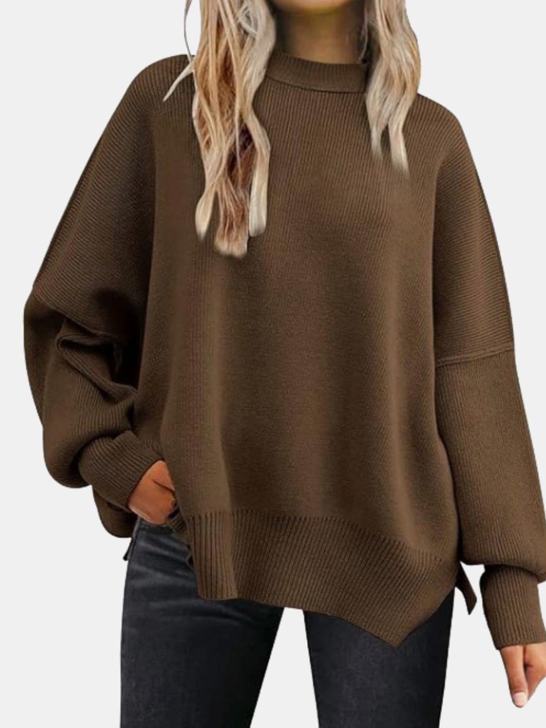 Trendsi Fall Chocolate / S Round Neck Drop Shoulder Slit Sweater Round Neck Drop Shoulder Slit Sweater