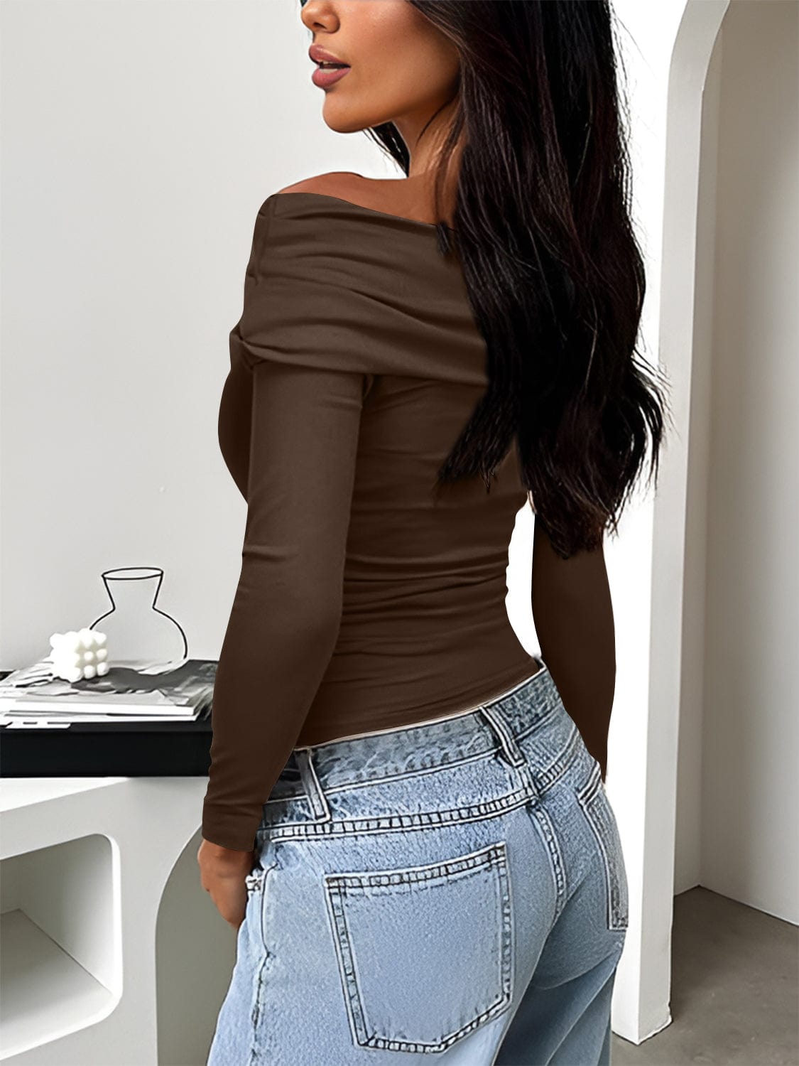 Trendsi Fall Chocolate / S Ruched One Shoulder Long Sleeve T-Shirt Ruched One Shoulder Long Sleeve T-Shirt