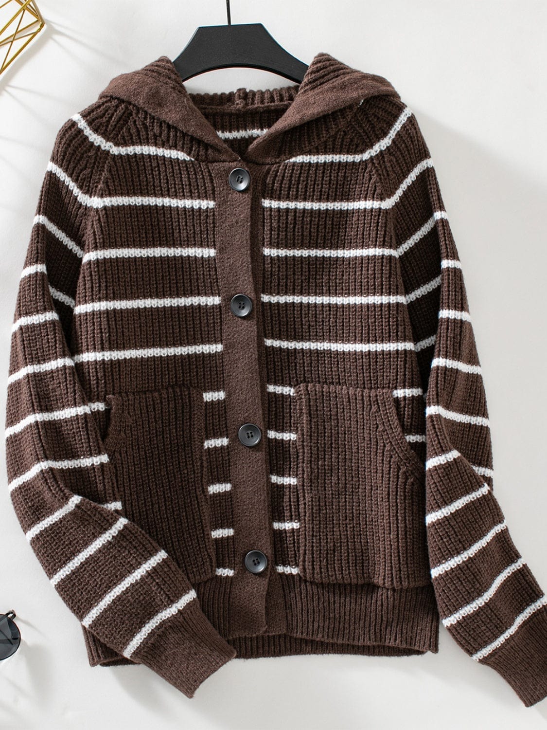 Trendsi Fall Chocolate / S Striped Button Up Long Sleeve Hooded Cardigan Striped Button Up Long Sleeve Hooded Cardigan