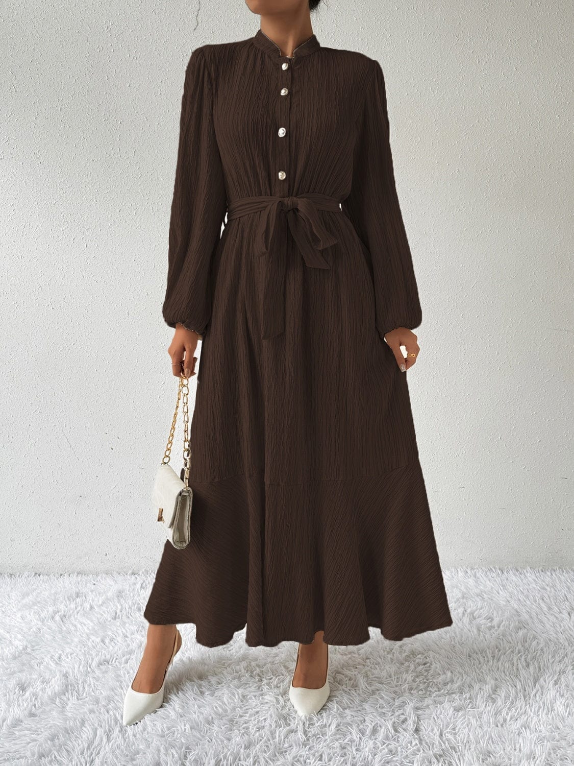 Trendsi Fall Chocolate / S Tie Waist Long Sleeve Dress Tie Waist Long Sleeve Dress
