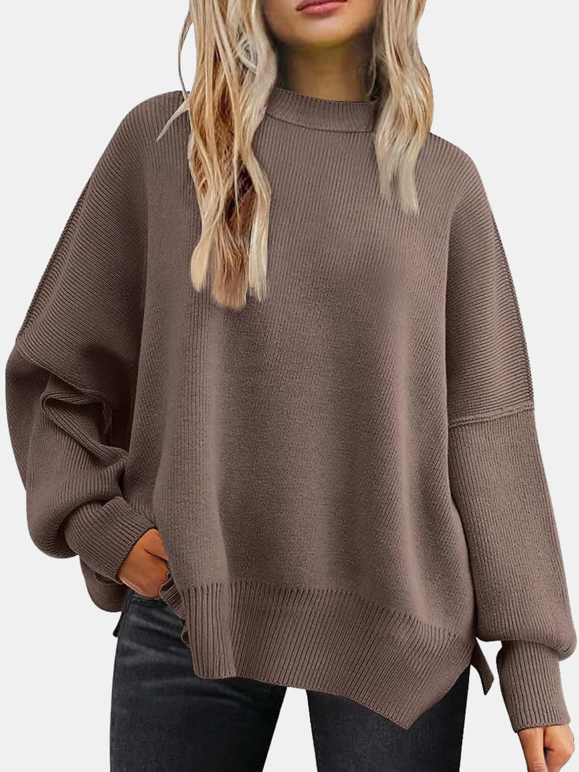 Trendsi Fall Coffee Brown / S Round Neck Drop Shoulder Slit Sweater Round Neck Drop Shoulder Slit Sweater