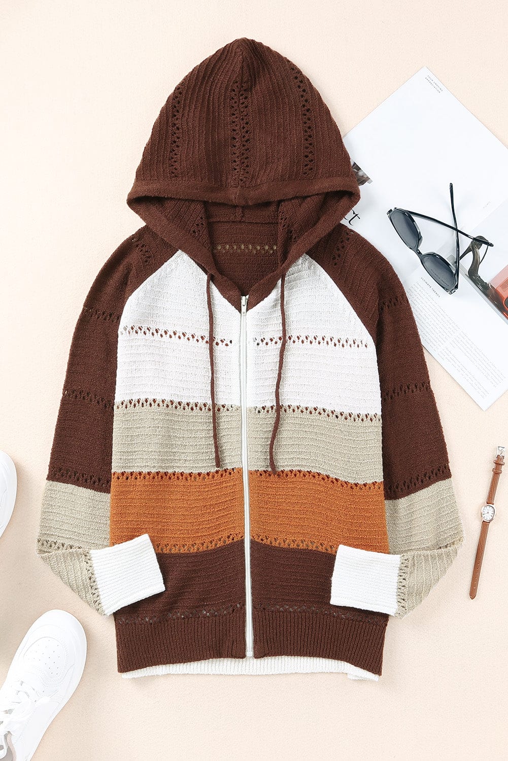 Trendsi Fall Coffee Brown / S Zip-Up Raglan Sleeve Openwork Hooded Cardigan Zip-Up Raglan Sleeve Openwork Hooded Cardigan