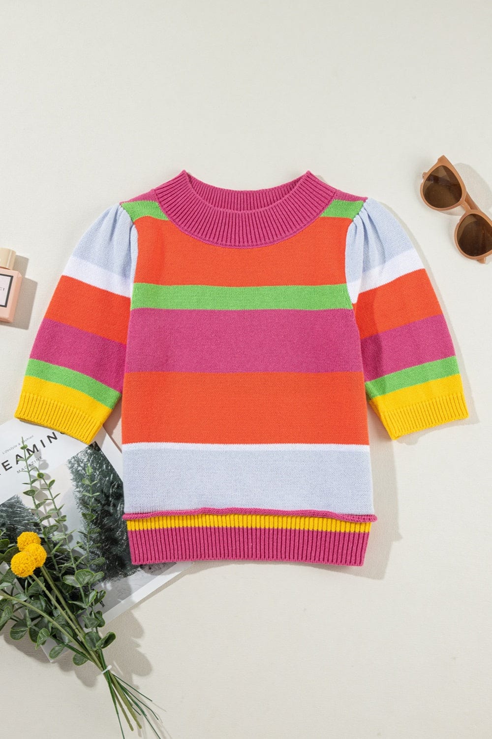 Trendsi Fall Color Block Round Neck Half Sleeve Knit Top Color Block Round Neck Half Sleeve Knit Top