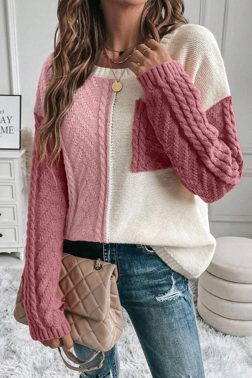Trendsi Fall Color Block Round Neck Long Sleeve Sweater Color Block Round Neck Long Sleeve Sweater
