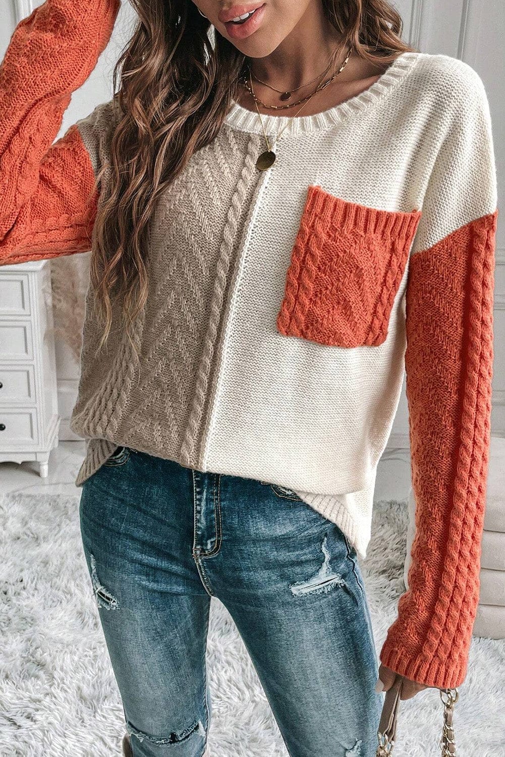 Trendsi Fall Color Block Round Neck Long Sleeve Sweater Color Block Round Neck Long Sleeve Sweater