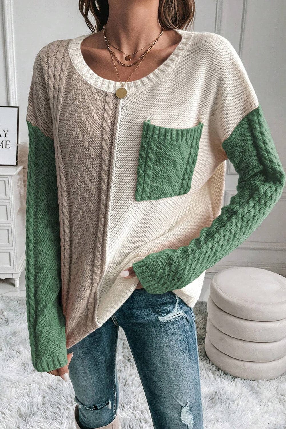 Trendsi Fall Color Block Round Neck Long Sleeve Sweater Color Block Round Neck Long Sleeve Sweater