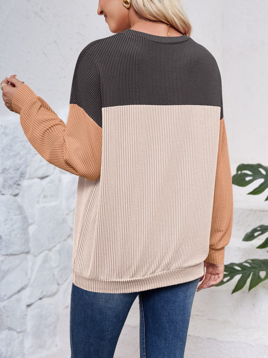 Trendsi Fall Color Block Round Neck Long Sleeve Sweatshirt Color Block Round Neck Long Sleeve Sweatshirt