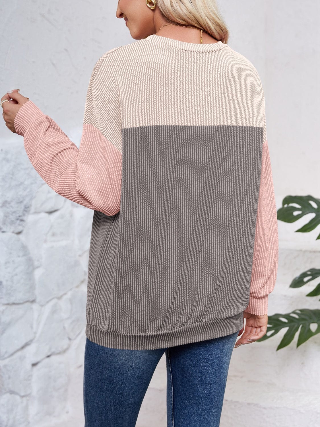 Trendsi Fall Color Block Round Neck Long Sleeve Sweatshirt Color Block Round Neck Long Sleeve Sweatshirt