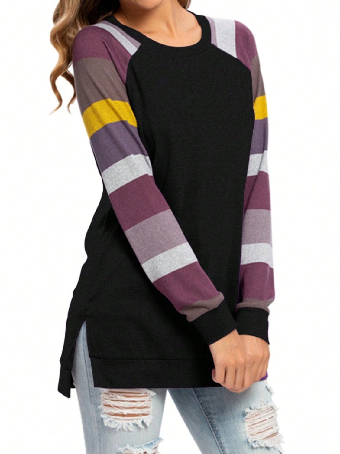 Trendsi Fall Color Block Round Neck Long Sleeve T-Shirt Color Block Round Neck Long Sleeve T-Shirt